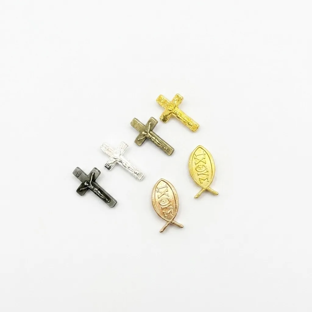 5Pcs Back Pin Brooch Mini Crucifix & IXOYE Fish Charms 5Pcs Multi Tone Punk Suit Lapel Religious Pins