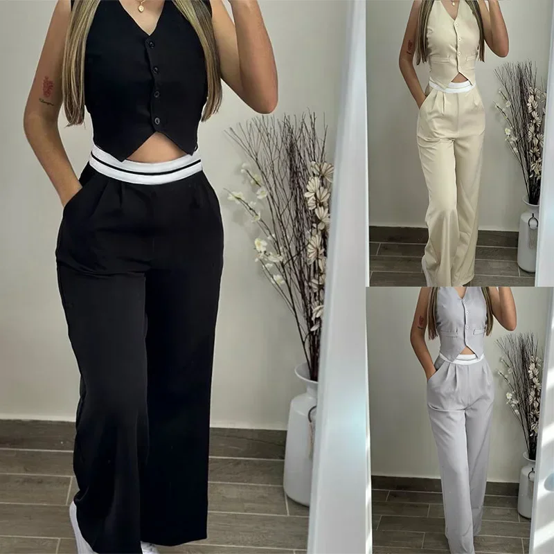 

V-Neck Buttoned Vest Top & Pocket Design Pants Set Women New Sleeveless Tops High Waist Pants Summer