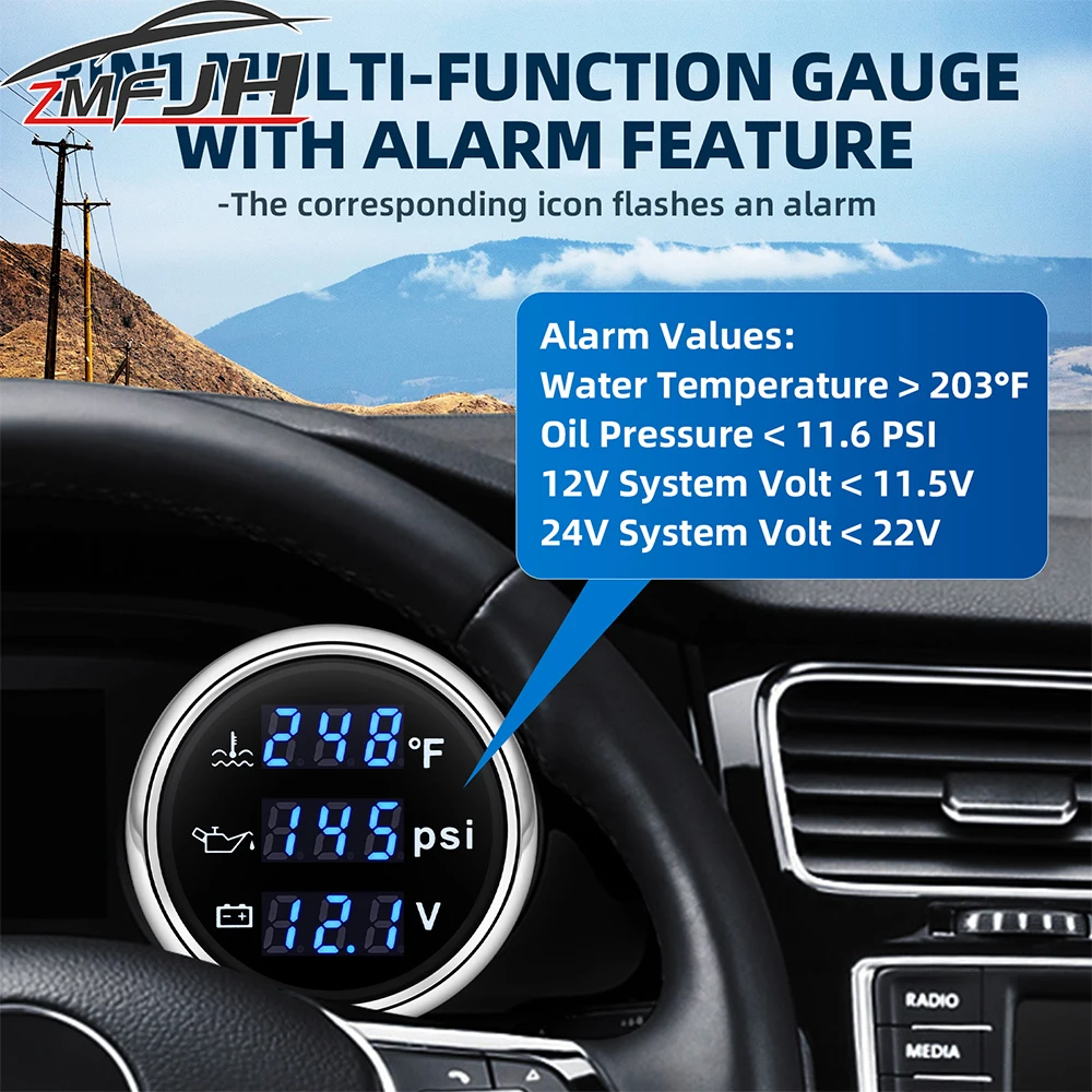 Digital 52mm 3 in 1 Water Temperature+Oil Pressure+Volt Gauge Sensors( Option) For Marine Boat Car Waterproof Gauge 12V24V