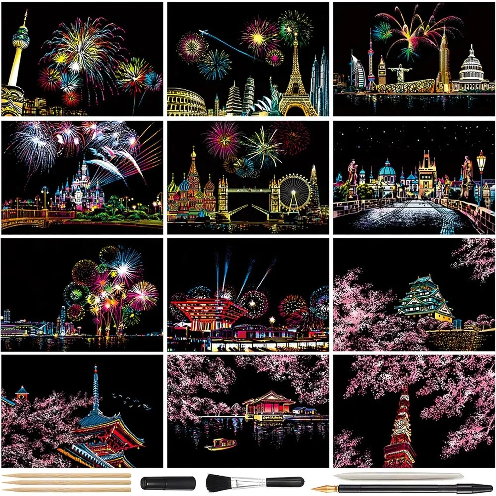

Magic Scratch art paper, mini envelope postcards, Rainbow Night view scratch board, for both adults and children