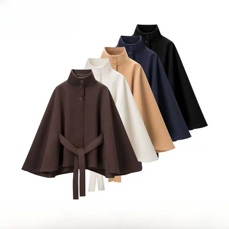 Fashionable Autumn Winter Women's Woolen Coat Belted Waist Bell Sleeve Stand Collar Short Length Commute Style Polyester Fiber