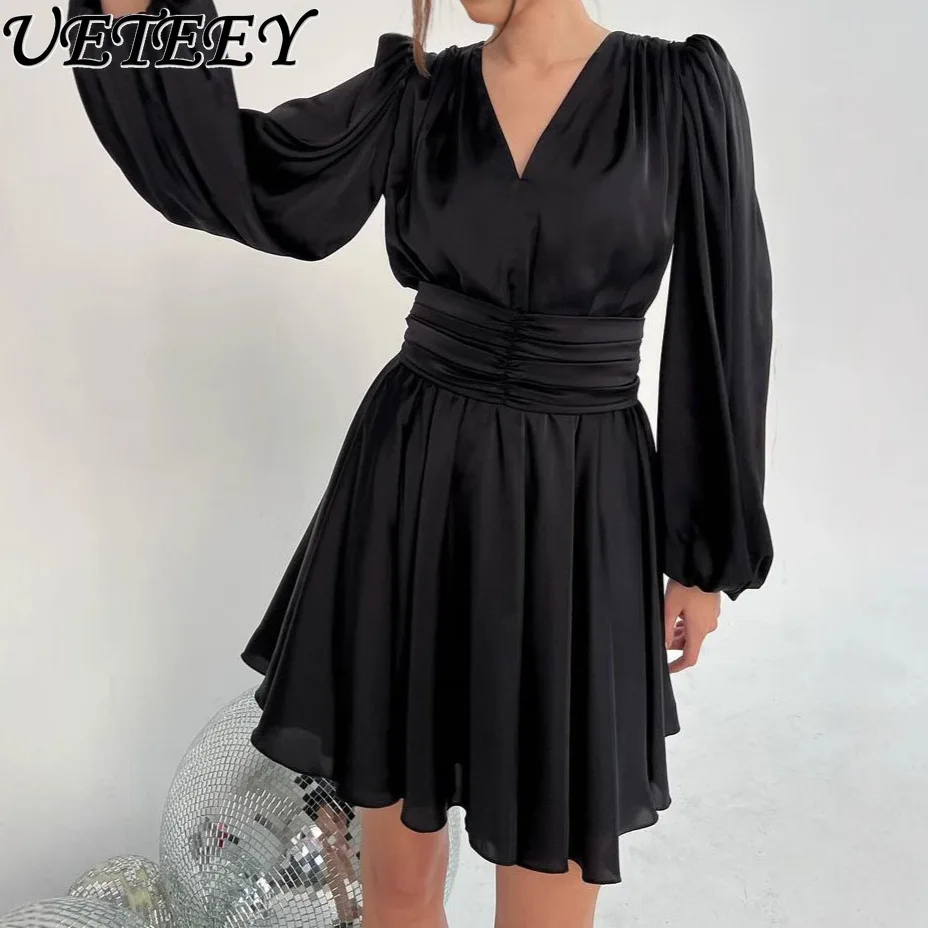 เดรสผ้าซาตินทรงเอไลน์ แขนยาวพอง สไตล์ฝรั่งเศส ระดับไฮเอนด์ สีพื้น คอวี ช่วงเอวเข้ารูป เหมาะสำหรับงานวันเกิด