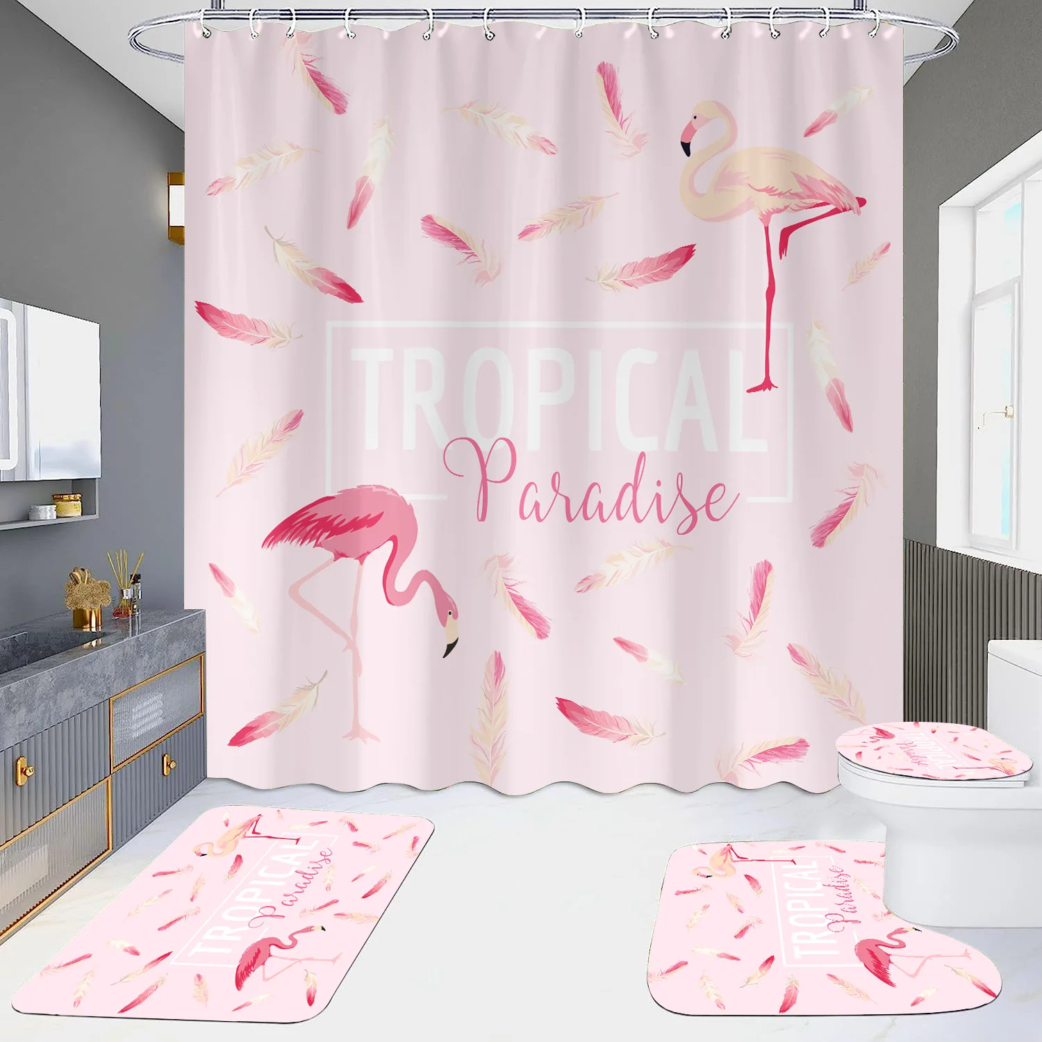 Pink Flamingo Printing Shower Curtain Set for Bathroom Non Slip lovebird Bath Mat and Curtain Set Bath Rug Toilet Carpet