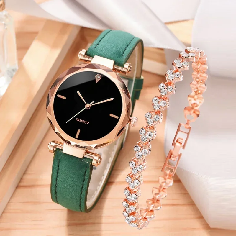 Ladies Watch 2pcs Luxury Fashion Watch for Women Set PU Leather Strap Quartz Wristwatch Rhinestone Rose Gold Alloy Bracelet Gift