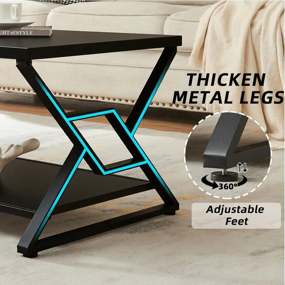 طاولة قهوة مستطيلة ريفية بطبقتين مع أرفف مفتوحة، 39 بوصة، أسود لغرفة المعيشة #5