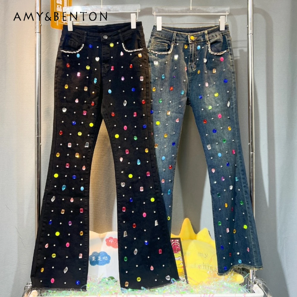 

Fashion Exquisite Rhinestone Beaded Bell-Bottom Denim Pants Women's Autumn Winter Slimming Jeans High Waist All-Matching Trouser
