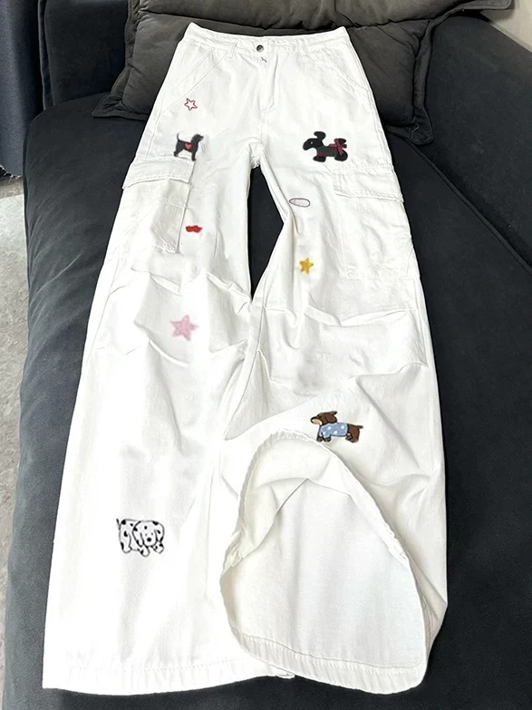 

Fun Cartoon Sle Embroidered Wide Leg Denim Pants High Waist Loose Drapey Women's Spring Long Trousers Quirky Floor-Length