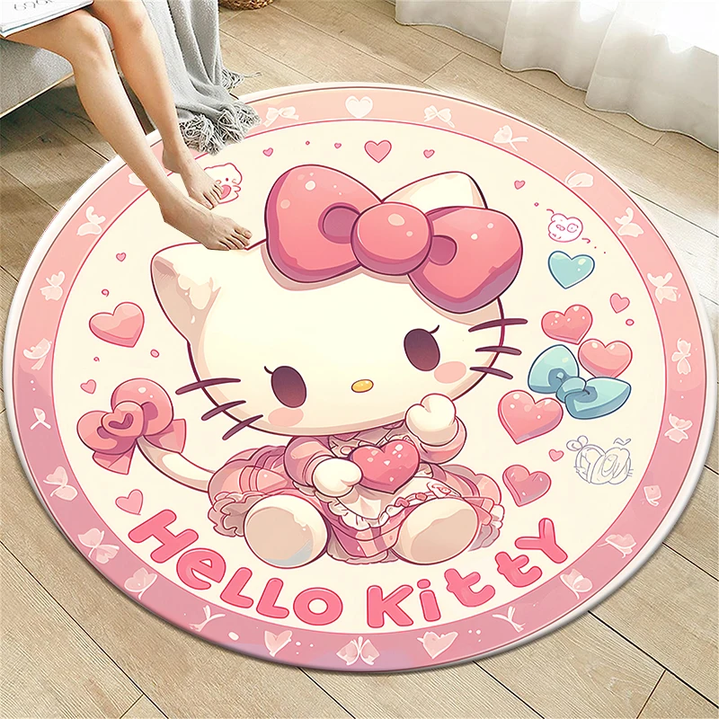 Sanrio HelloKitty HD Printed Round Carpet for Living Room Bedroom Rugs Camping Picnic Mats Flannel Anti-Slip Rug Yoga Mat Gifts