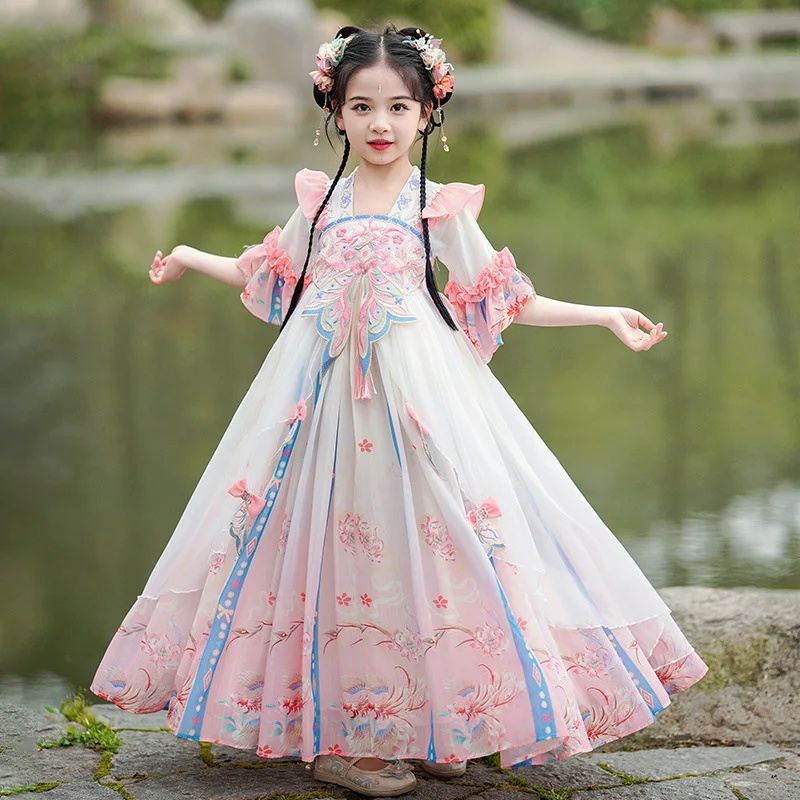 Vintage Chinese Traditional Kids 2024 New Hanfu Dress Lovely Girls Embroidery Dance Perform Costumes Cosplay Birthday Gift