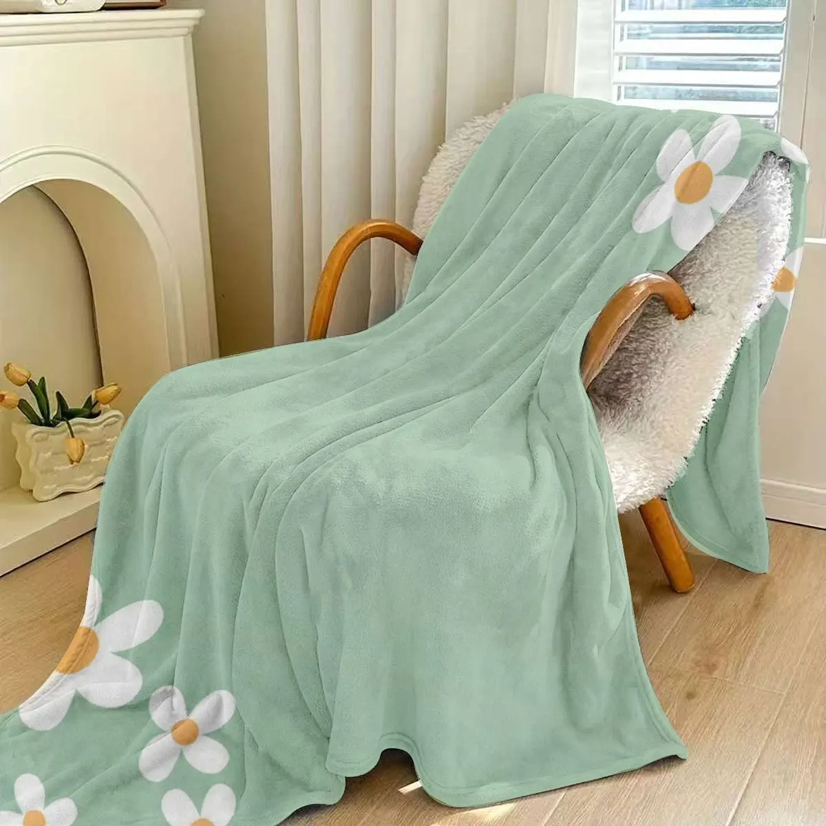 A Cozy And Refreshing Daisy Pattern Blanket with a Light Green Background And White Daisies, Featuring a Minimalist And Healing