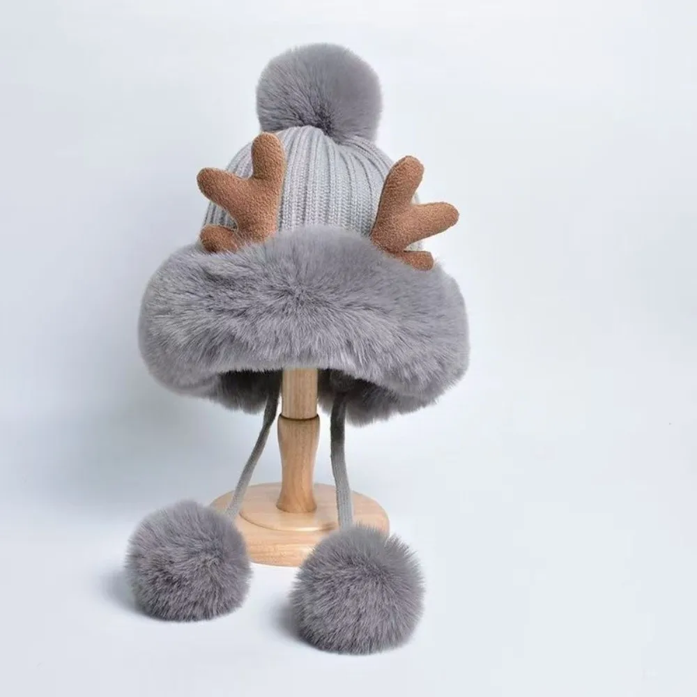 Winter Knit Bonnet Thickened Deer Antler Beanie Thermal Elastic Fleece Lined Hat Washable Breathable Ear Protection Cap Students