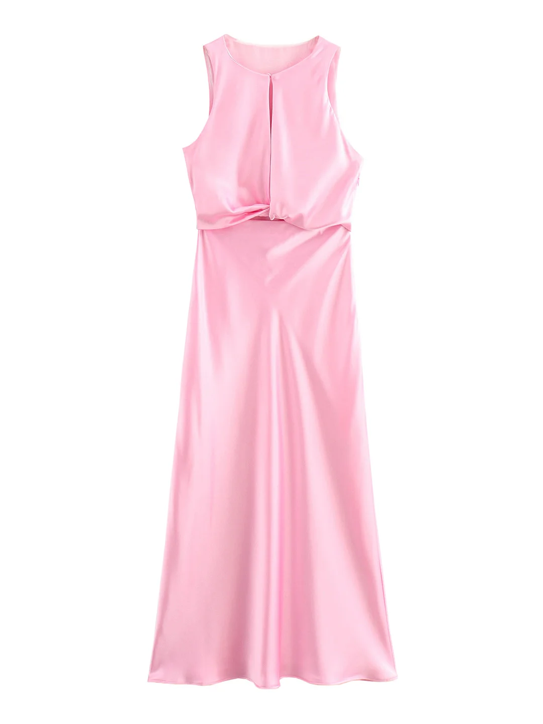 ピンクのサテンのミドル丈ドレス,フロントノット,ラウンドネック,ノースリーブ,エレガント,結婚式のゲスト,イブニングパーティー,夏