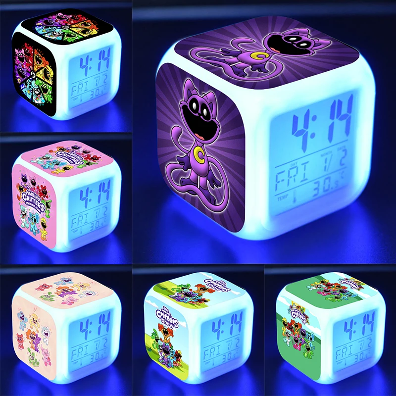 Smiling Critter Alarm Clock Catnap Cartoon 7 Led Night Light Desk Clocks Date Temperature Despertador Kids Birthday Gifts