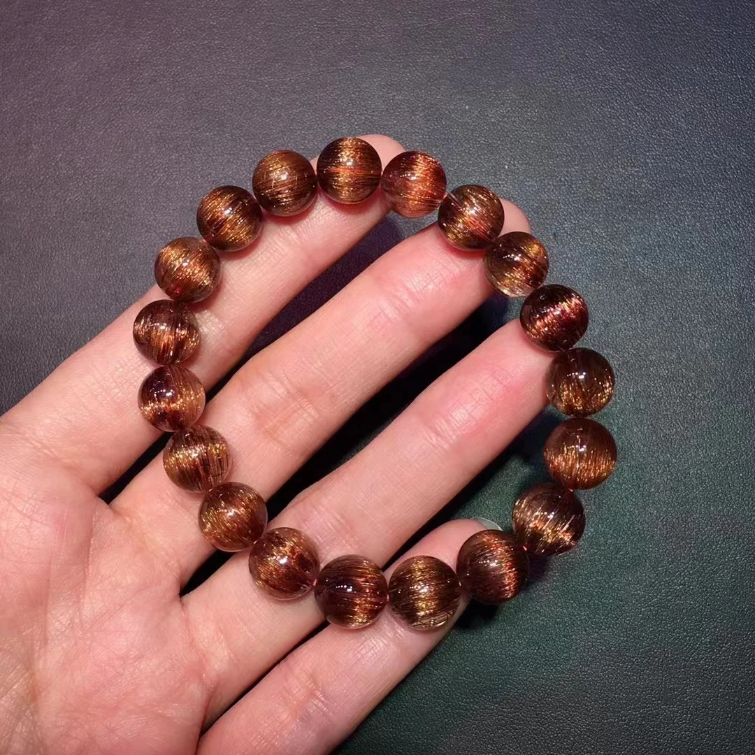 

Genuine Natural Copper Rutilated Quartz Bracelet Cat Eye Rutilated 10.8mm Clear Round Beads Women Man Bracelet AAAAA