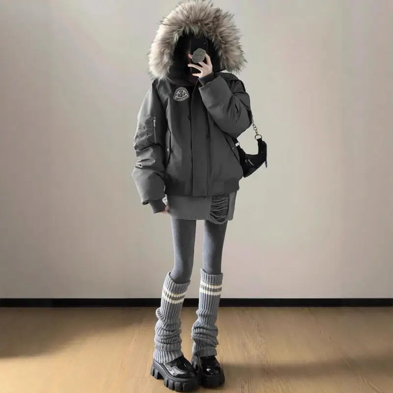 Zimowa kurtka dziewczęca ocieplana bawełną, zapinana na zamek, krótka kurtka, gruba, ocieplana polarem, odzież robocza, styl preppy, parka.