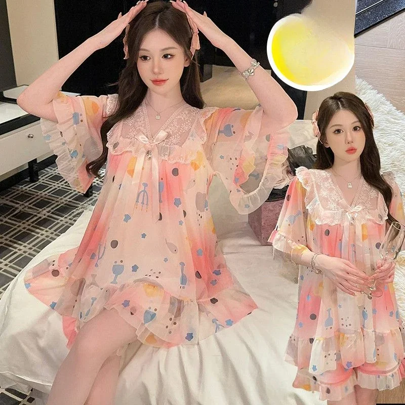 

Pajama Women's Nightdress Set New with Breast Pad Thin Short Sleeve Mesh Court Princess Style Summer with Sweet Plus-size