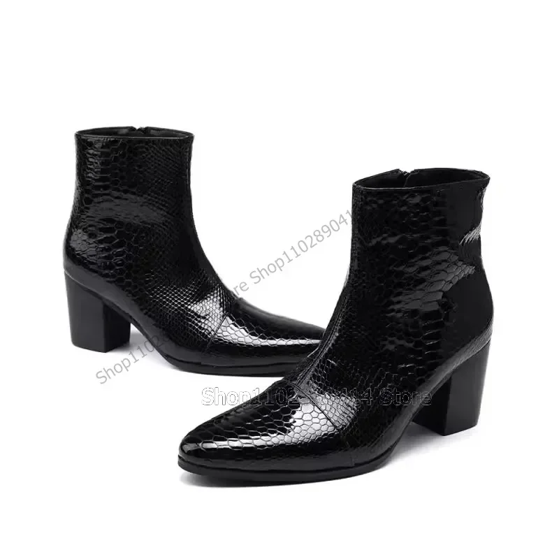 

Black Snakeskin Print Height Increasing Pointed Toe Boots Fashion Side Zipper Men Boots Luxurious Handmade Party Men Dress Shoes
