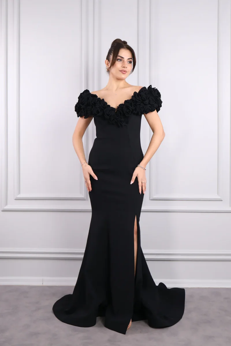 Annie-Robe de mariée noire personnalisée, robes de Rhde luxe, fleurs faites à la main, élégante dame sirène, fentes latérales, robe éducative