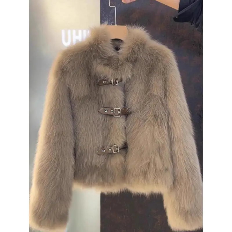 Women Faux Fox Fur Cropped Jacket Stand Collar Leather Buckle Strap Design Winter Warm Fluffy Short Coat  Streetwear Outerwear