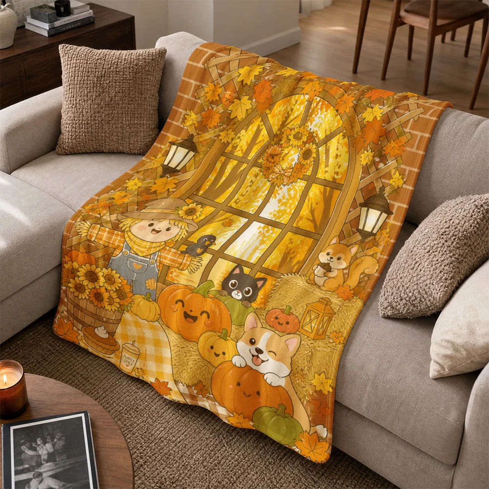 Cozy Autumn Pumpkin Harvest Throw Blanket for Sofa Couch Fall Decor Halloween Thanksgiving Seasonal Home Gift Cute Rustic Style