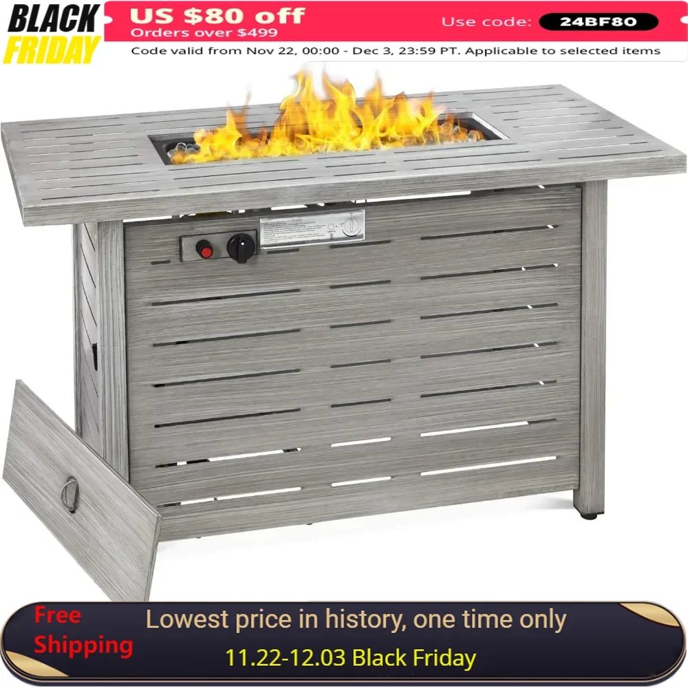 42in Fire Pit Table with Burner Lid, Auto Ignition, Hideaway Tank Storage, Glass Beads, Rectangular Steel Propane Fire Pit Table