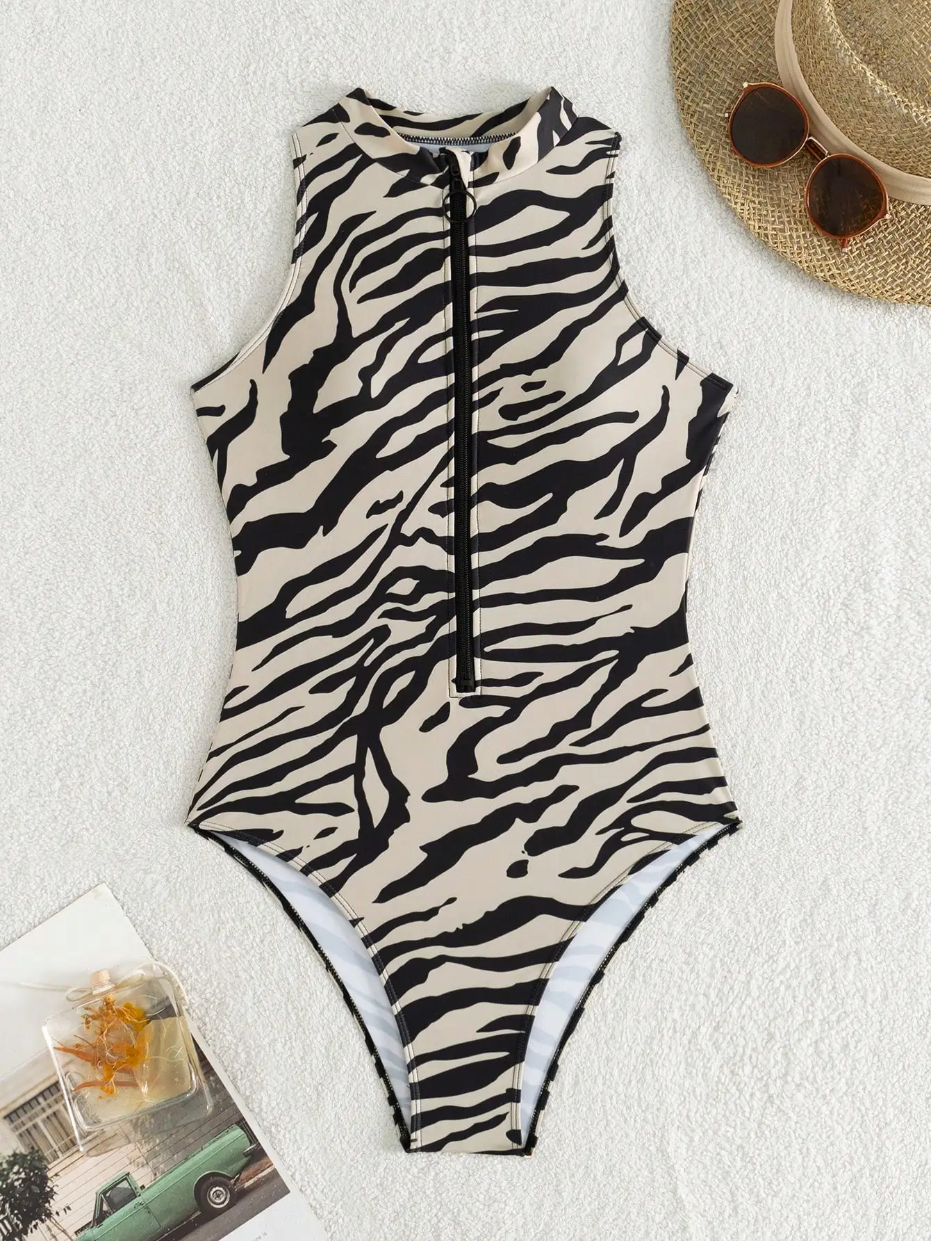 

Zebra Print Women One Piece Swimsuit With Front Zipper High Neck Sexy Beach Swimwear