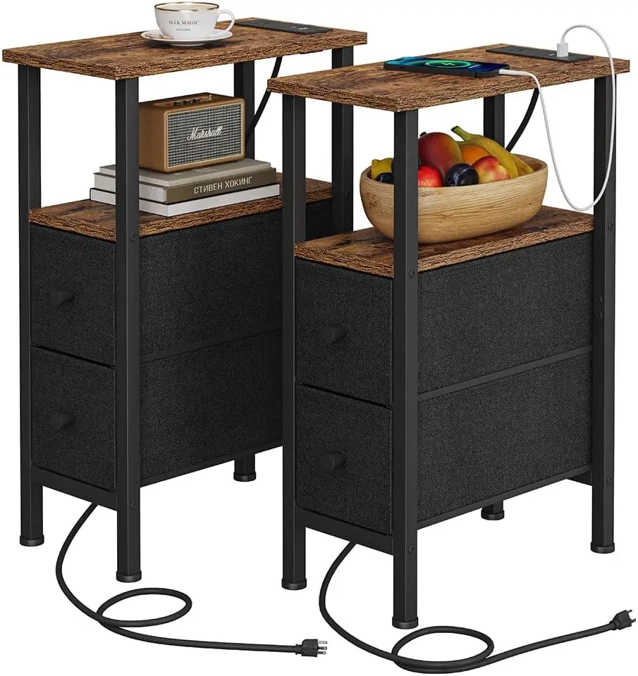 

2 Set Narrow Side Table for Small Spaces, Skinny End Table with Charging Station, Sofa Beside Table with 2 Drawers 1 Open Com
