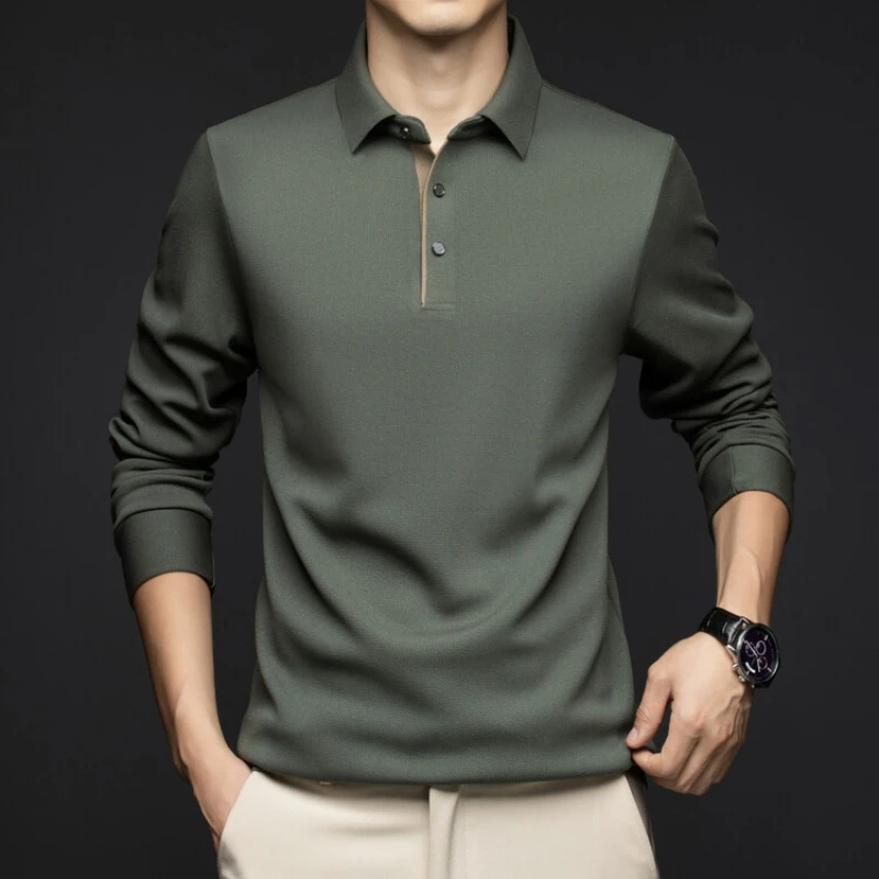 Versatile Loose Long Sleeves T-shirt  Everyday Wear. Elegant Solid Color Men's Business Casual Polo Shirt, Stretch M-3XL