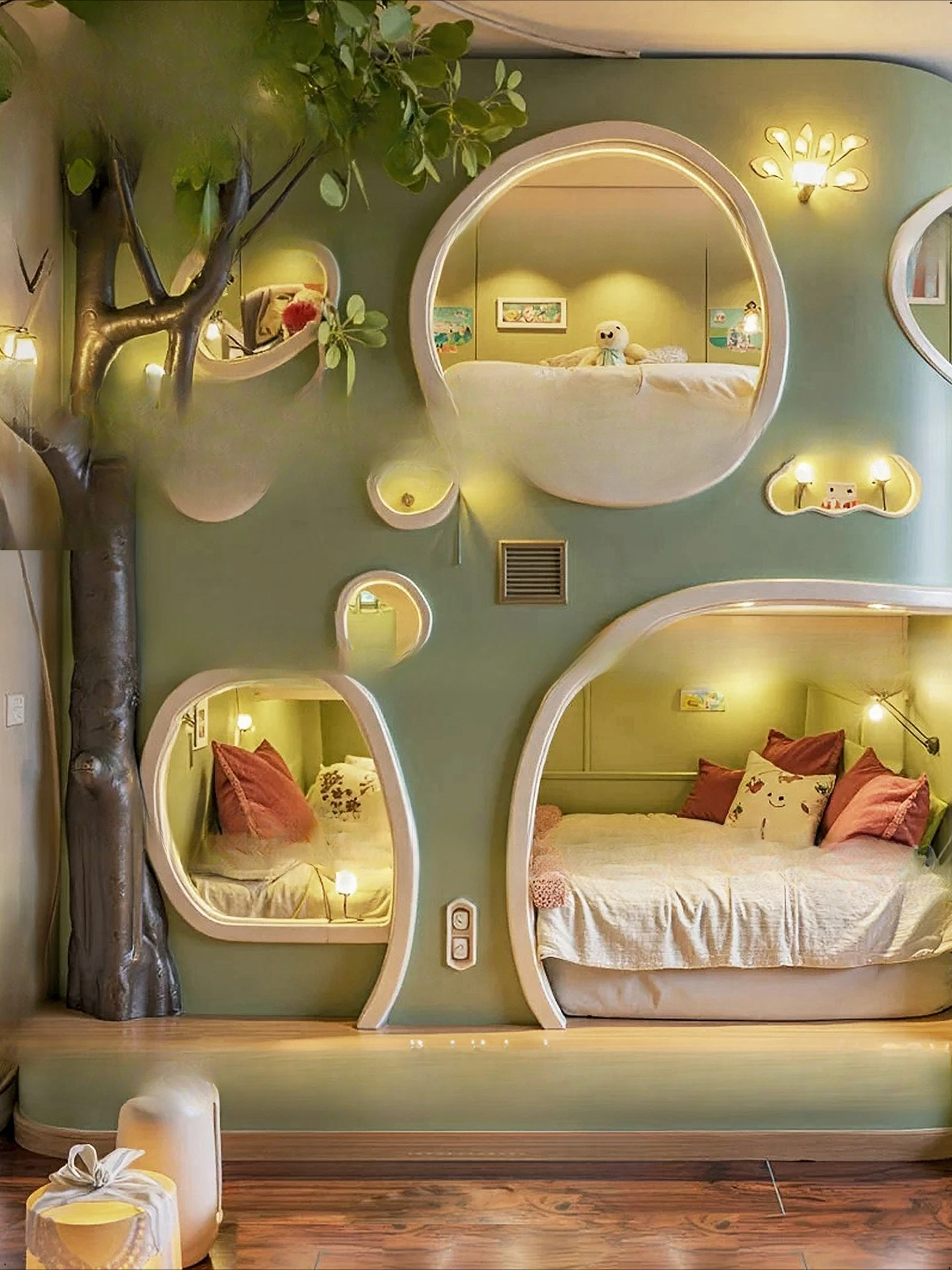 Hidup di hutan yang luas Tempat tidur anak-anak Rumah pohon hijau Harta karun pria Harta karun wanita Tempat tidur naik turun