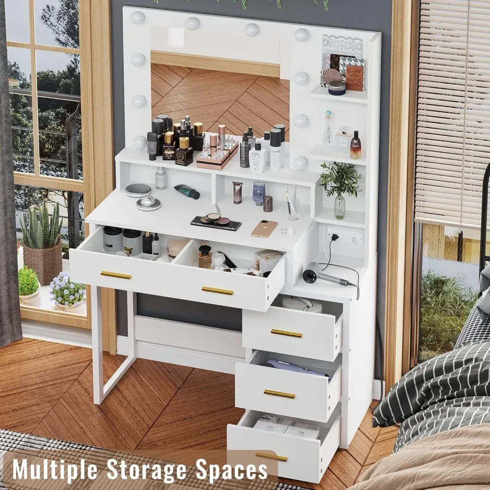 Makeup and dressing table with 10 light bulbs, modern dressing table with mirror, 3 lighting modes, 2 USB ports and sockets