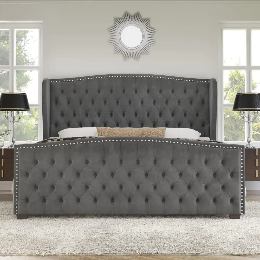 Queen Size Platform Bed Frame, Velvet Upholstered Bed with Deep Button Tufted & Nailhead Trim Wingback Headboard/No Box