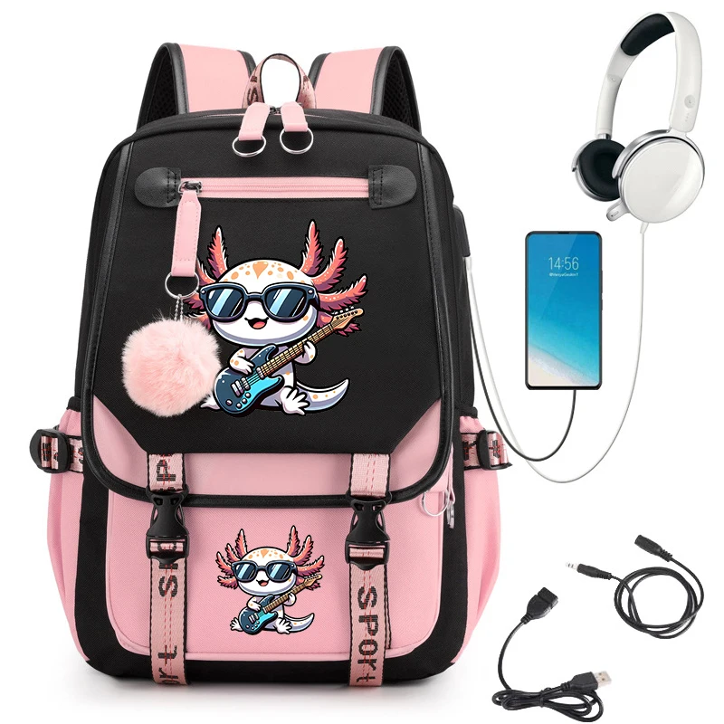 Mochila dos desenhos animados para meninas adolescentes, Bolsa Kawaii, Carregamento USB, Cute Anime Back Pack, Axolotl engraçado para crianças