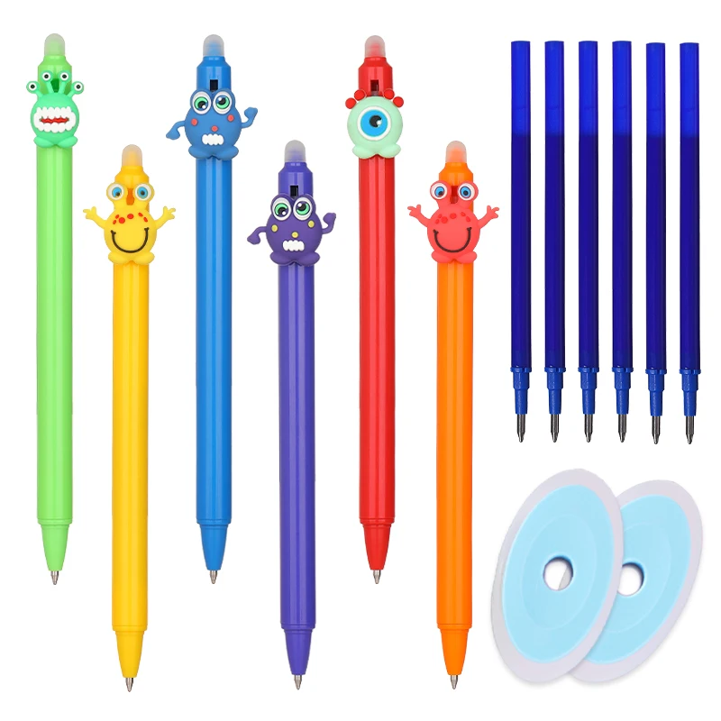 14Pcs Cartoon Monsters Erasable Pens 0.5mm Gel Pen Ink Blue Stationery School Writing supplies 6 Pens+ 6refills + 2 rubber