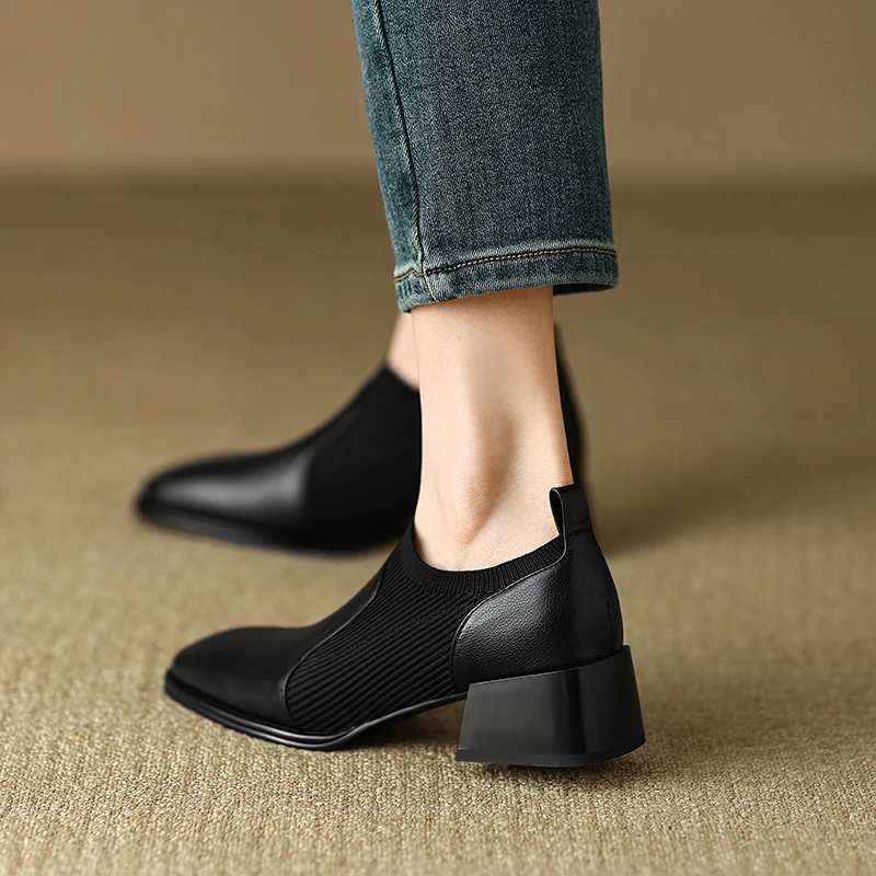 2023 New Genuine Leather Top Quality Sheepskin Shoes Woman Spring Slip on Dress Black Round Toe Ladies Loafers High Heel Shoes