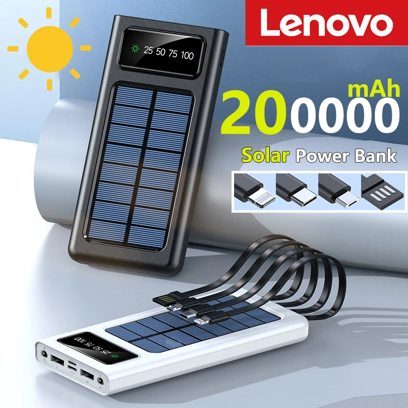 

Lenovo 200000mAh Solar Power Bank Built Cables Solar Charger 2 USB Ports External with LED Light Super Fast Charger Power Bank