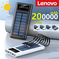 Lenovo 200000mAh Solar Power Bank Built Cables Solar Charger 2 USB Ports External with LED Light Super Fast Charger Power Bank