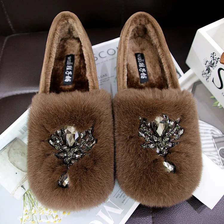 

Large Size Rabbit Fur Lined Winter Bean oes Korean Sle Warm Slip-On Cotton oes Faionable Flat Heel round Toe Rubber Sole