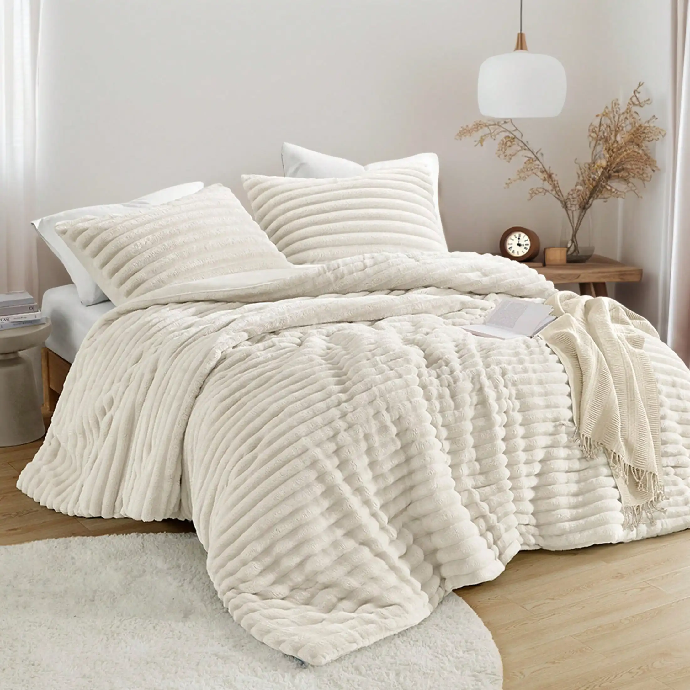 Fluffy Ribbed 2/3 Pieces Cord-Textured Bedding Comforter Set,Plush 300 Gsm Fabric For Weighty Durability And Softness Comforter Sets,Cozy All-Season Home Textile For Stylish Home Bedroom Décor, Modern Room,Halloween Christmas Thanks Giving Gifts
