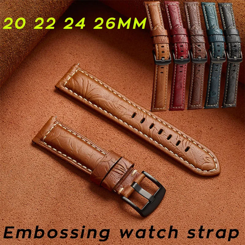 20mm 22mm 24mm 26mm Embossing Crazy Horse Genuine Leather Watch Band Top Layer Cowhide Watch Strap Universal Wristband Bracelet