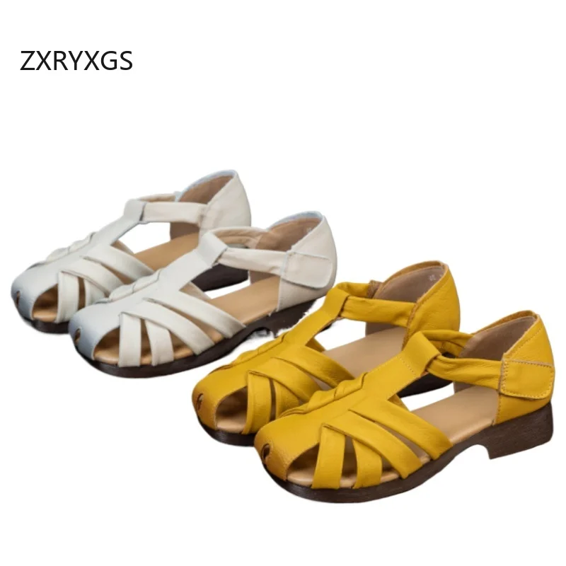 ZXRYXGS Promotional New Top Cowhide Handmade Weaving Women's Sandals Summer Elegant Versatile Low Heel Sandals Banquet Shoe 2026
