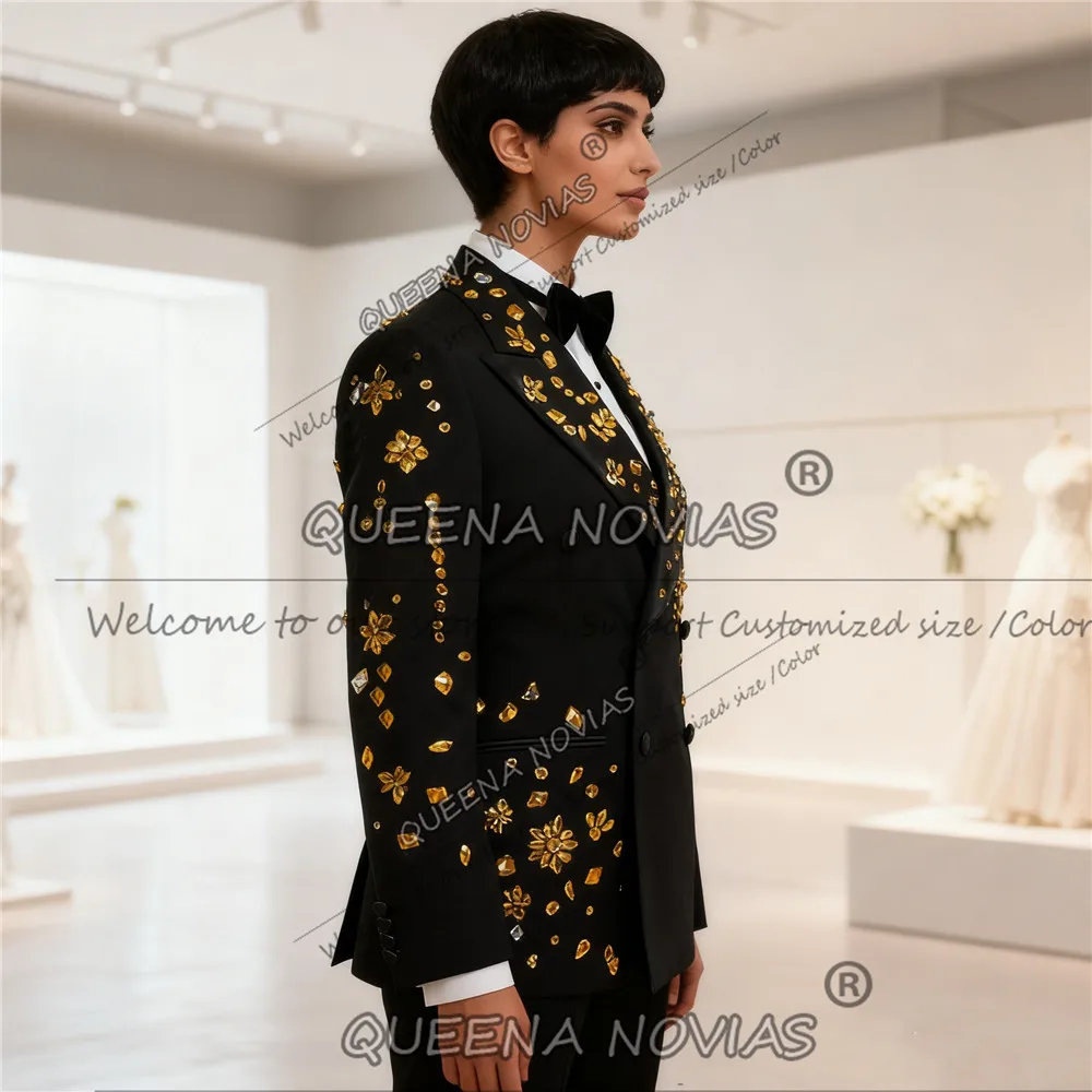Exclusive Gold Diamond Beaded Suits Women 2 Pieces Double Breasted Jacket Pants Customized Bride's Mother Dress Wedding Tuxedos