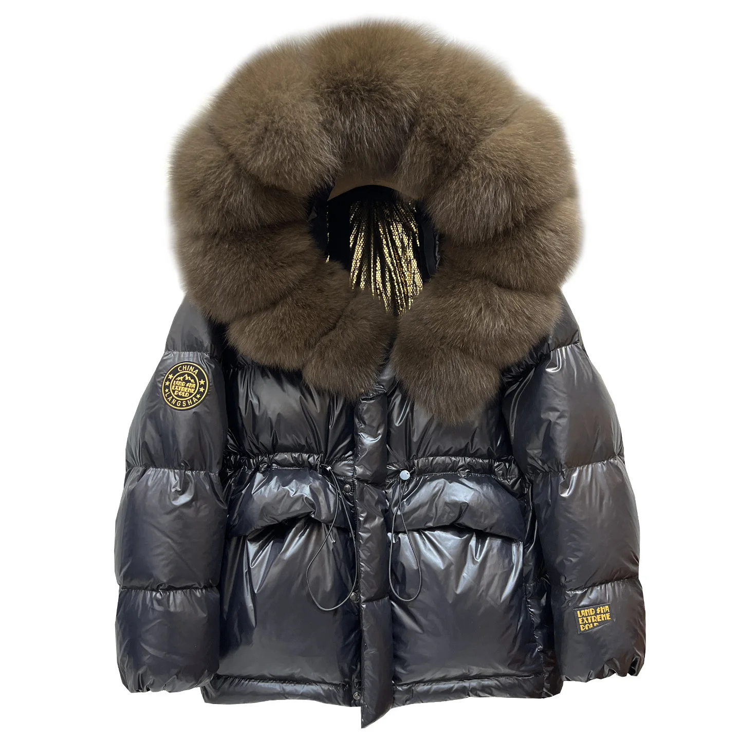 

Европейская коллекция 2025: Новая зимняя женская куртка из белого утиного пуха с большим воротником из меха лисы, утепленная, модная, с поясом, трендовая