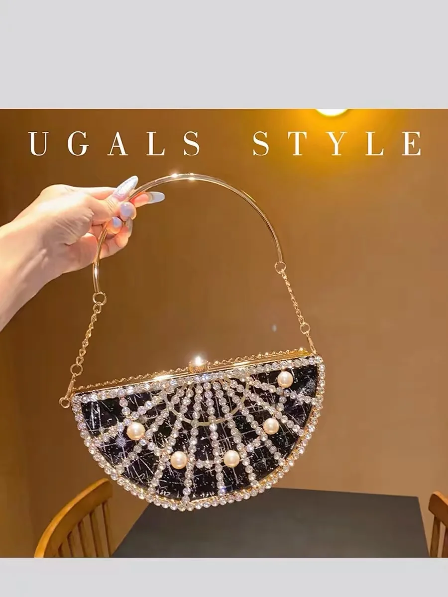 

Luxury Glitter Half Moon Bag Hollow Out Women Handbag Crystal Shiny Diamonds Evening Bag Wedding Party Clutch Purse Shoulder Bag