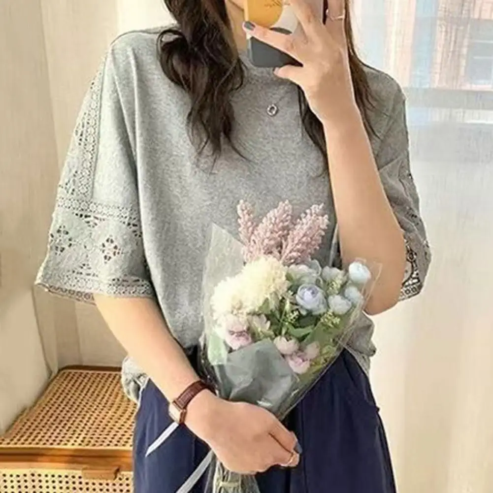 Women Casual T-shirt Round Neck Hollow Lace Stitching Half Sleeve Pullover Tops Solid Color Loose Fit Summer Tops