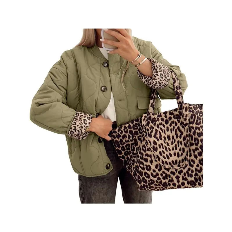 

CYL-Female Quilted Jacket Oversized Leopard Lined Puffer Jacket Button Down Padded Coat Green M
