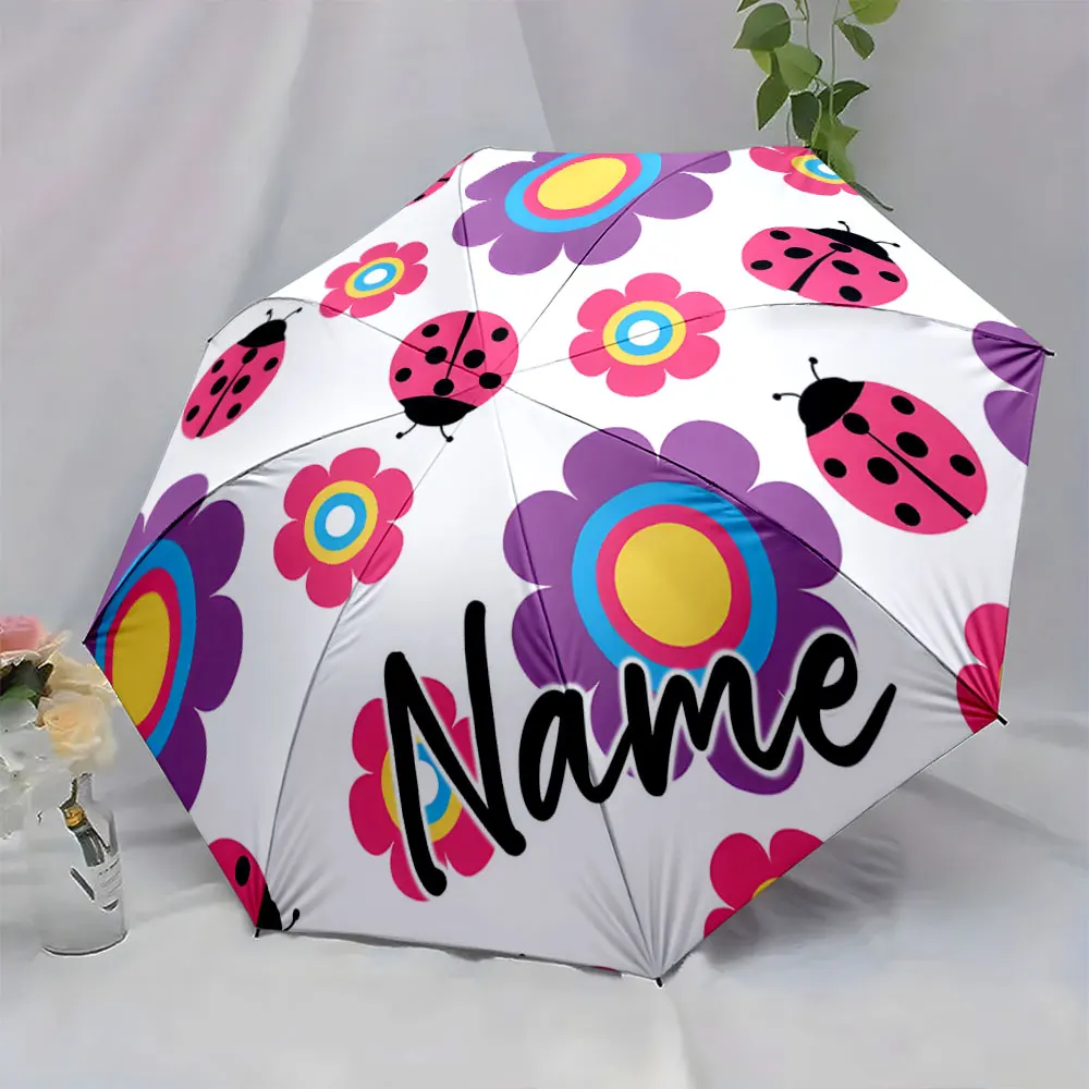 Custom Name Umbrella Colorful Ladybug and Flower Print Umbrella Print 8 Iron Ribs Folding Umbrella Auto-Open Fashion Sunshade