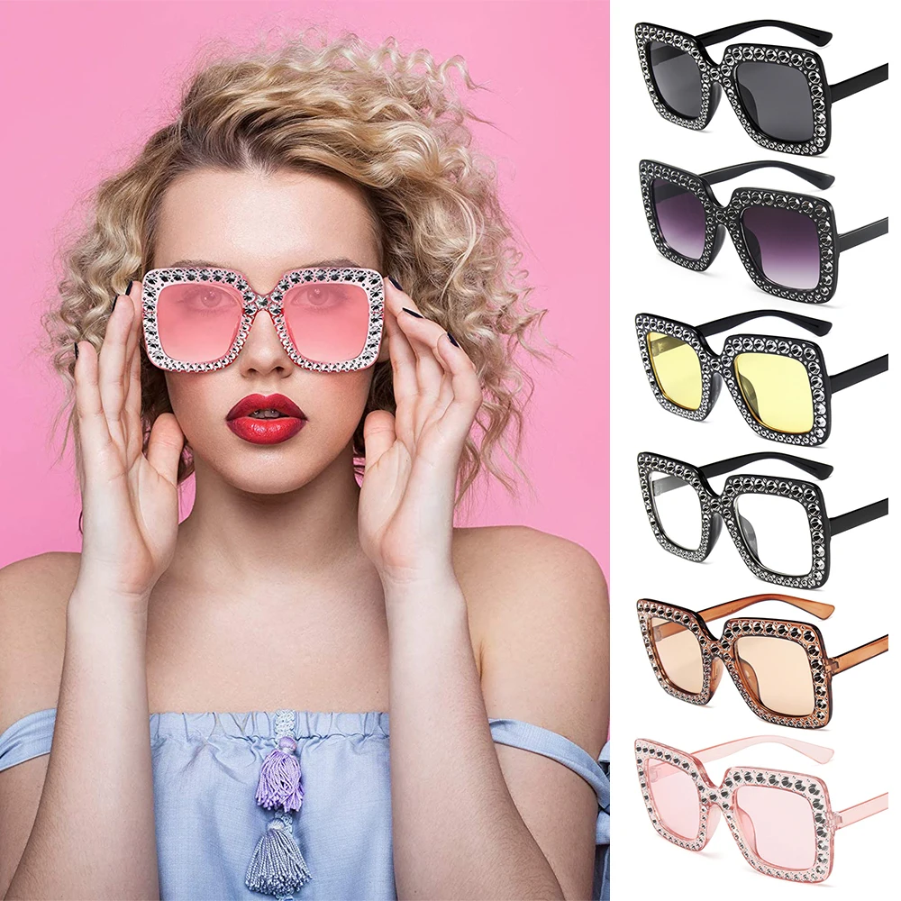Women Crystal Big Square Frame Oversized Sunglasses Square Sunglasses Sun Glasses Eyewear