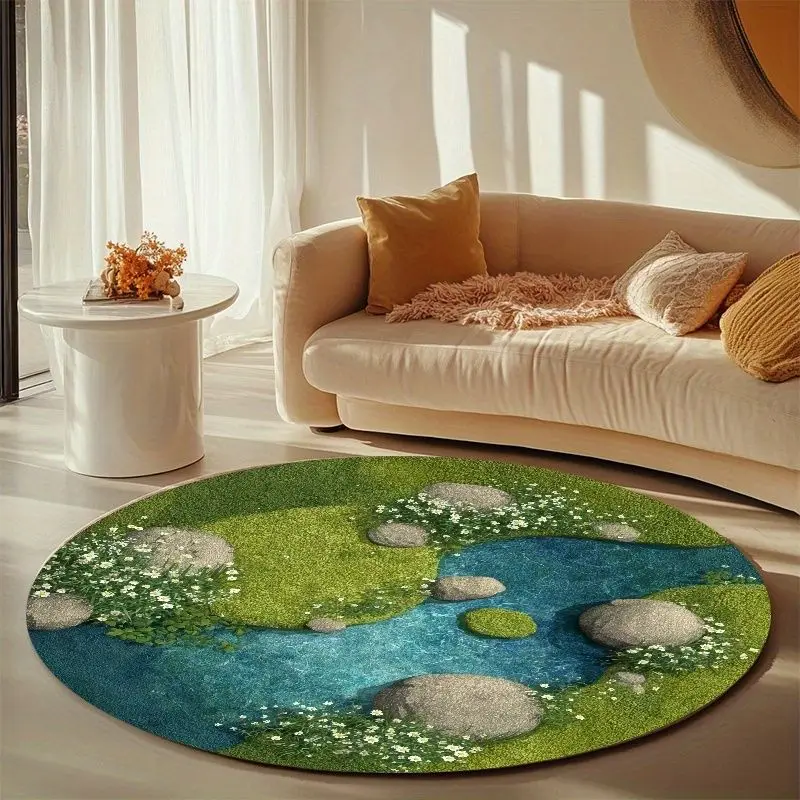 VIKAMA Simulation Stream Moss Stone Circular Carpet, Swivel Chair Cushion, French Bedroom Light Luxury Living Room Area Rug