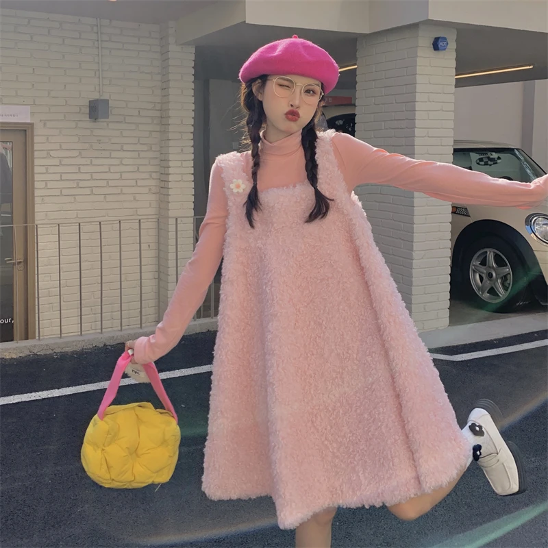 Winter Clothing Girls - Pink Lamb Velvet Vest Skirt Set
