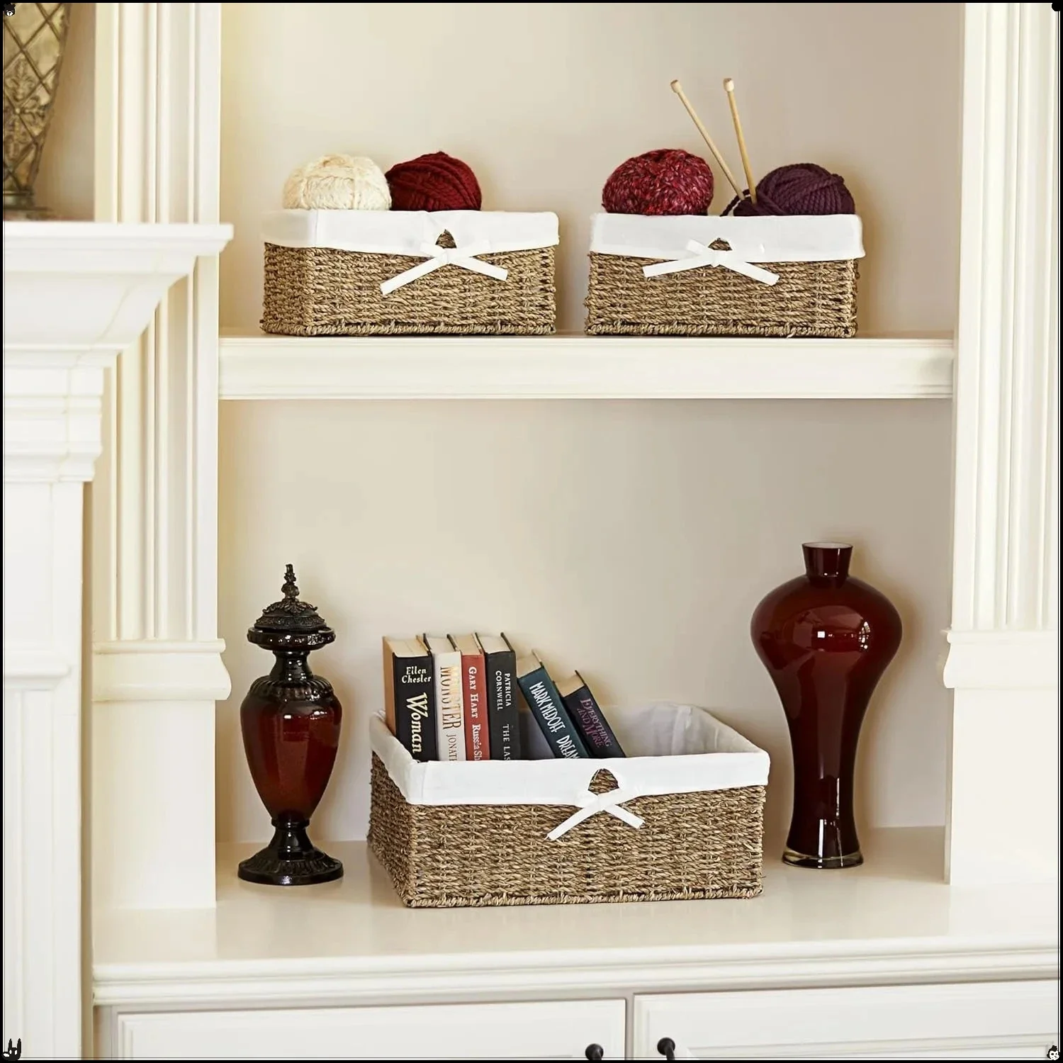 

Набор из 3-х тканых корзин для хранения из морских водорослей со съемными вкладышами — натуральный коричневый домашний органайзер для спальни, гостиной